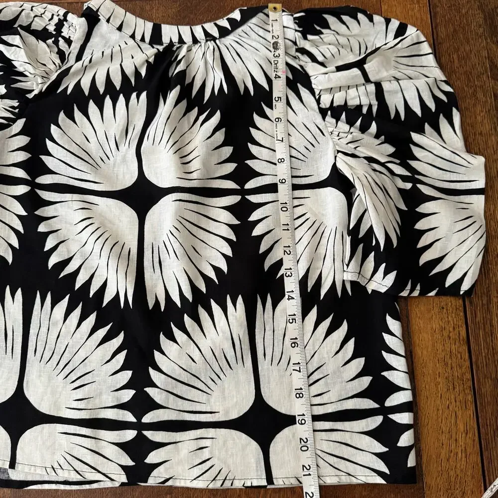 Rachel Zoe Black White Linen Blend Puff Sleeve Boho Blouse Top Womens Sz XS NWOT